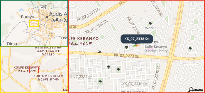 Map showing the address of KK_07_2338 St. in three different zoom levels.