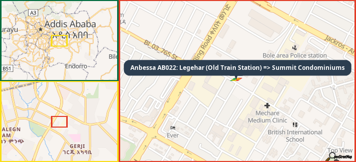 Map showing the address of Anbessa AB022: Legehar (Old Train Station) => Summit Condominiums in three different zoom levels.