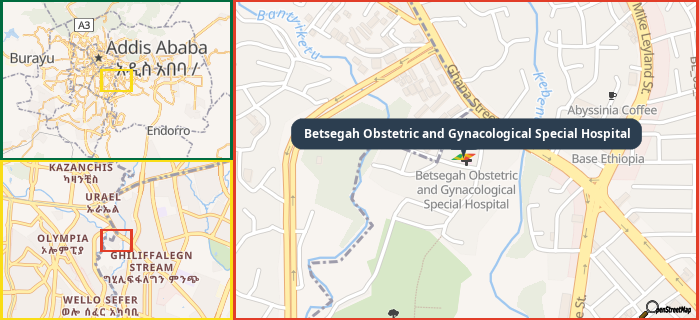 Map showing the address of Betsegah Obstetric and Gynacological Special Hospital in three different zoom levels.