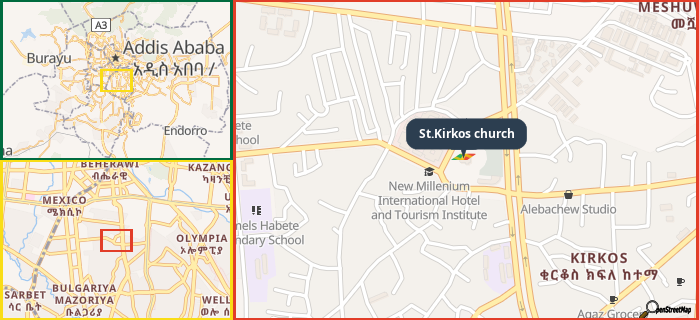 Map showing the address of St.Kirkos church in three different zoom levels.