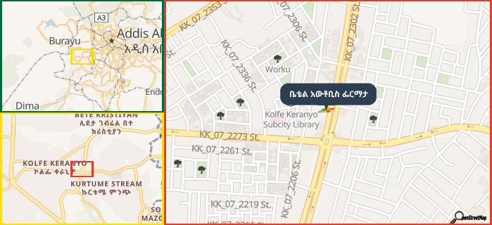 Map showing the address of ቤቴል አውቶቢስ ፌርማታ in three different zoom levels.