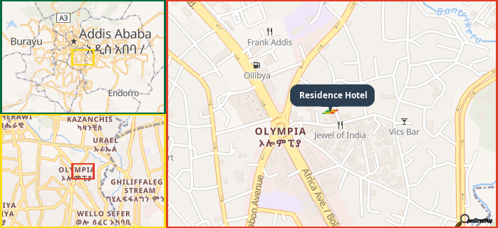 Map showing the address of Residence Hotel in three different zoom levels.