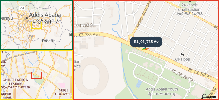 Map showing the address of BL_03_785 Av in three different zoom levels.