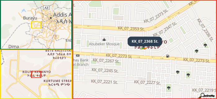 Map showing the address of KK_07_2368 St. in three different zoom levels.