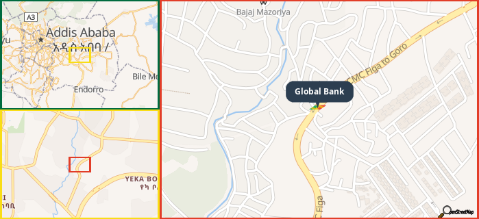 Map showing the address of Global Bank in three different zoom levels.