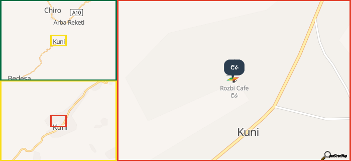 Map showing the address of ሮራ in three different zoom levels.