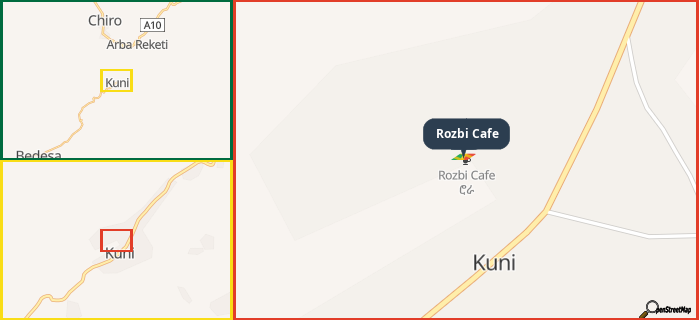Map showing the address of Rozbi Cafe in three different zoom levels.