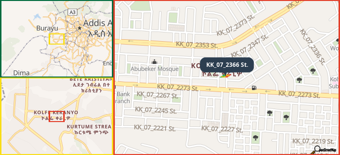 Map showing the address of KK_07_2366 St. in three different zoom levels.