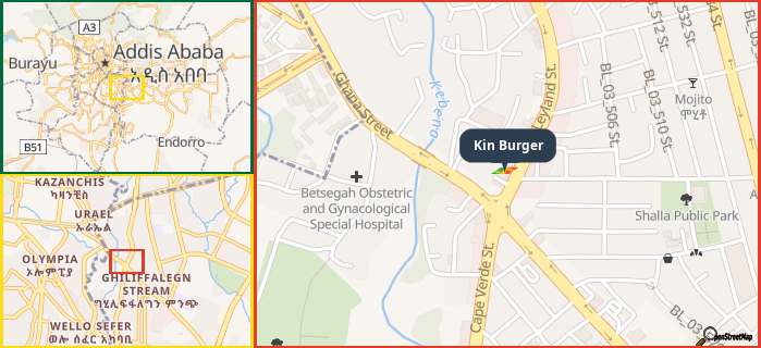 Map showing the address of Kin Burger in three different zoom levels.