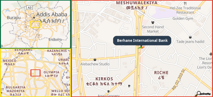Map showing the address of Berhane International Bank in three different zoom levels.