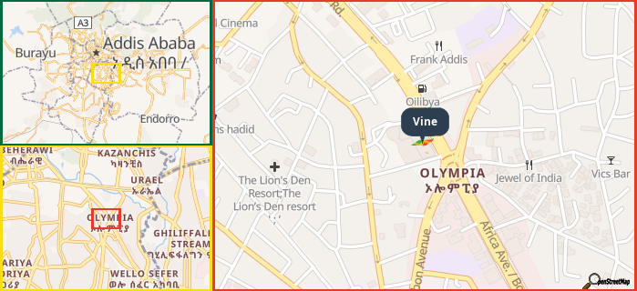 Map showing the address of Vine in three different zoom levels.