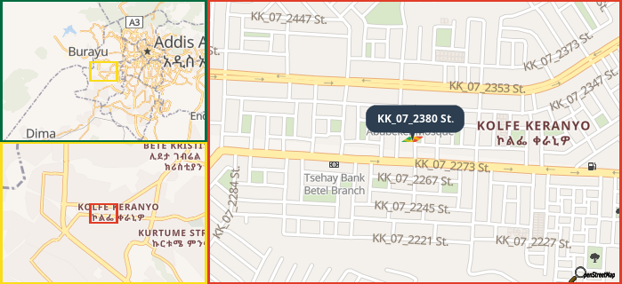 Map showing the address of KK_07_2380 St. in three different zoom levels.