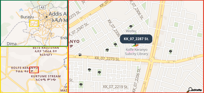 Map showing the address of KK_07_2287 St. in three different zoom levels.