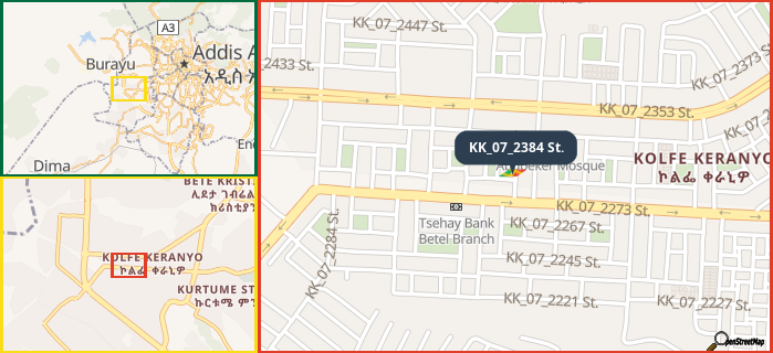 Map showing the address of KK_07_2384 St. in three different zoom levels.