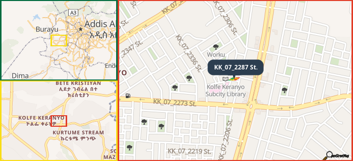 Map showing the address of KK_07_2287 St. in three different zoom levels.