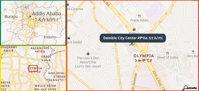 Map showing the address of Demble City Center ደምበል ሲቲ ሴንተር in three different zoom levels.