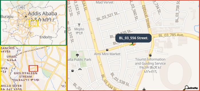 Map showing the address of BL_03_556 Street. in three different zoom levels.