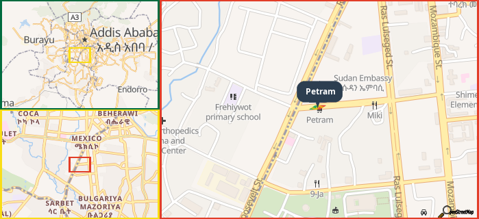 Map showing the address of Petram in three different zoom levels.