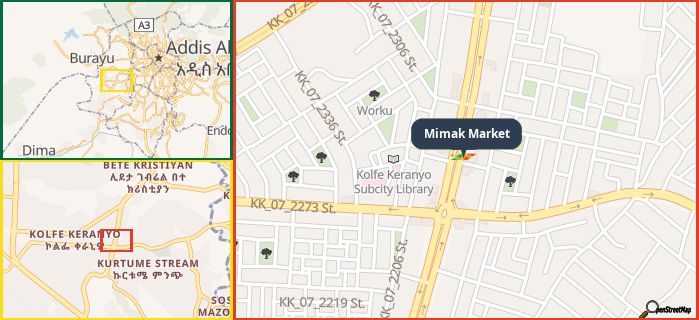 Map showing the address of Mimak Market in three different zoom levels.