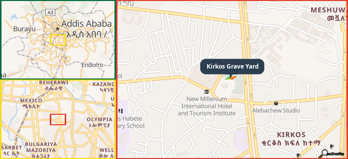 Map showing the address of Kirkos Grave Yard in three different zoom levels.