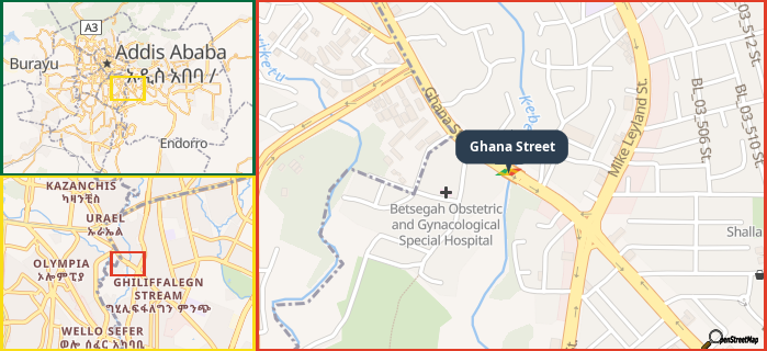 Map showing the address of Ghana Street in three different zoom levels.