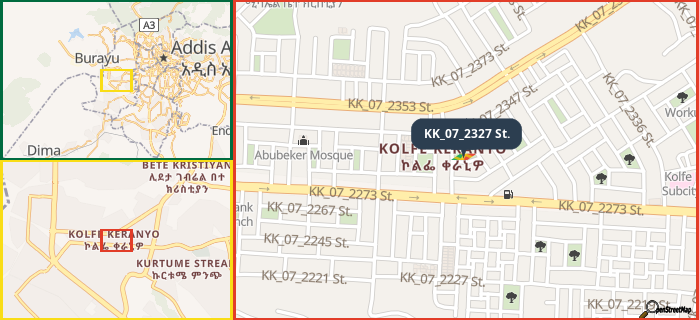 Map showing the address of KK_07_2327 St. in three different zoom levels.