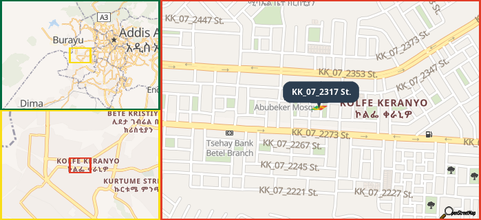 Map showing the address of KK_07_2317 St. in three different zoom levels.