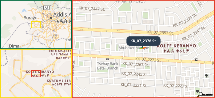 Map showing the address of KK_07_2376 St. in three different zoom levels.