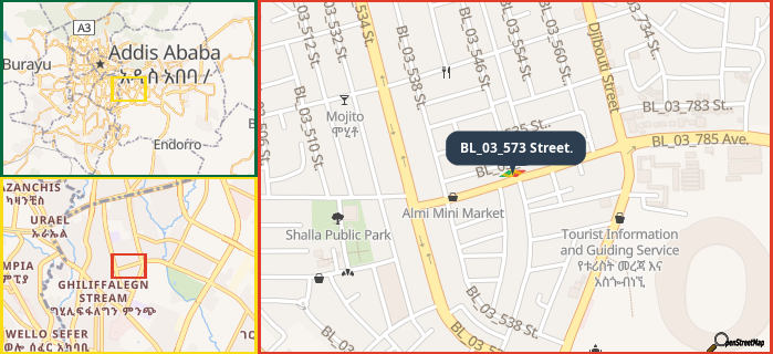 Map showing the address of BL_03_573 Street. in three different zoom levels.