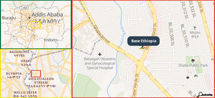 Map showing the address of Base Ethiopia in three different zoom levels.