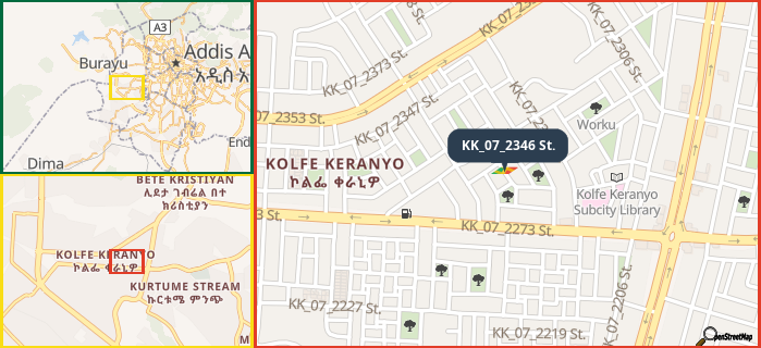 Map showing the address of KK_07_2346 St. in three different zoom levels.