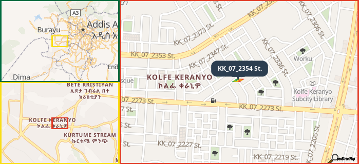 Map showing the address of KK_07_2354 St. in three different zoom levels.