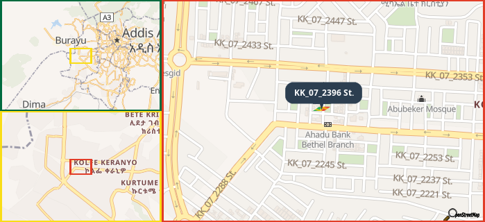 Map showing the address of KK_07_2396 St. in three different zoom levels.