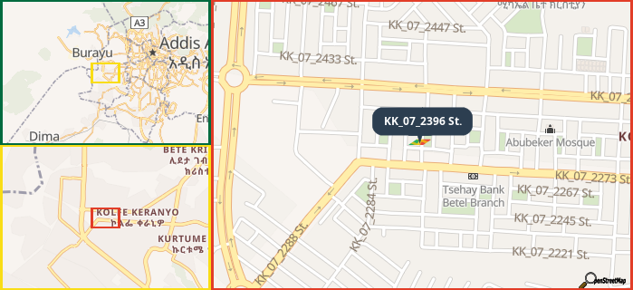 Map showing the address of KK_07_2396 St. in three different zoom levels.