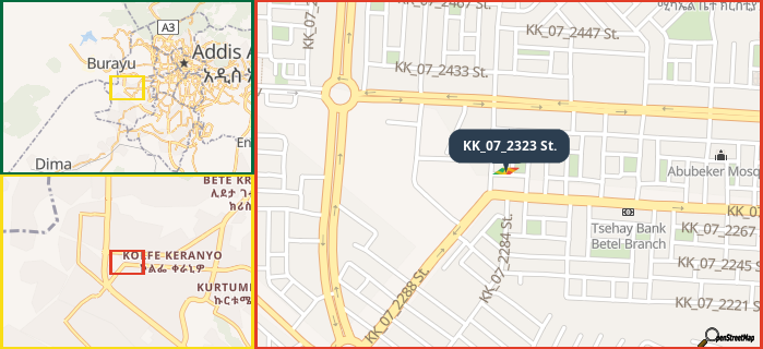 Map showing the address of KK_07_2323 St. in three different zoom levels.