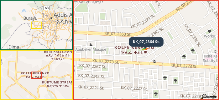 Map showing the address of KK_07_2364 St. in three different zoom levels.