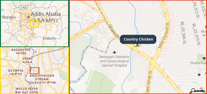 Map showing the address of Country Chicken in three different zoom levels.