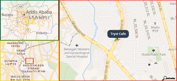 Map showing the address of Tryst Cafe in three different zoom levels.