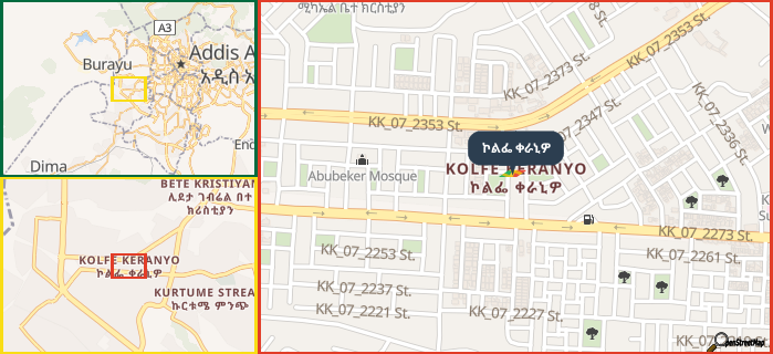 Map showing the address of ኮልፌ ቀራኒዎ in three different zoom levels.