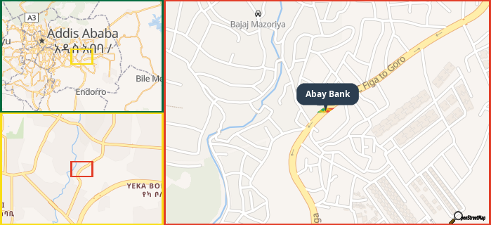 Map showing the address of Abay Bank in three different zoom levels.