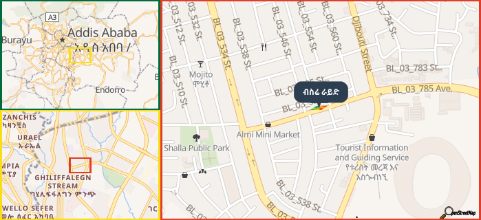 Map showing the address of ብስሬ ራይድ in three different zoom levels.