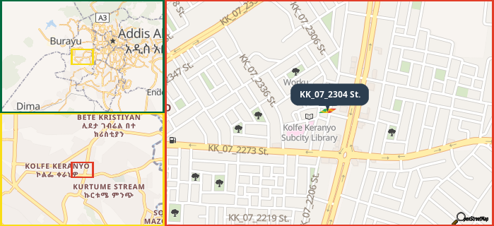 Map showing the address of KK_07_2304 St. in three different zoom levels.