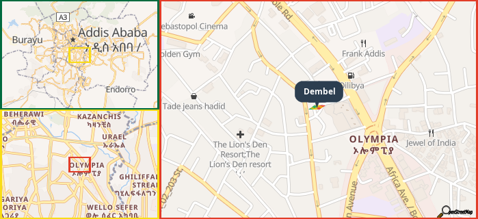 Map showing the address of Dembel in three different zoom levels.