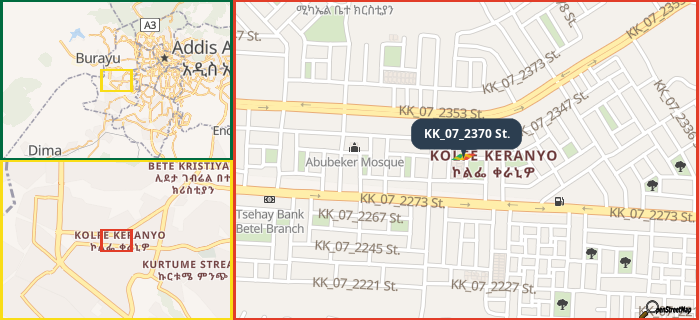 Map showing the address of KK_07_2370 St. in three different zoom levels.