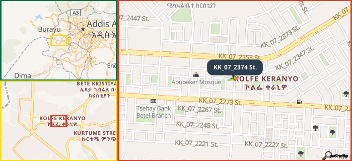 Map showing the address of KK_07_2374 St. in three different zoom levels.