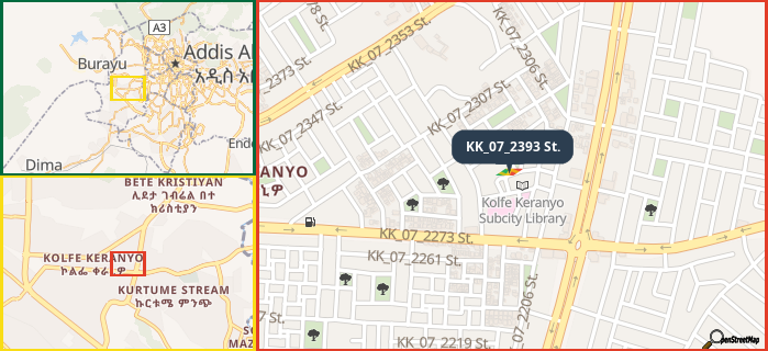 Map showing the address of KK_07_2393 St. in three different zoom levels.