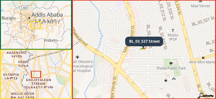 Map showing the address of BL_03_527 Street in three different zoom levels.