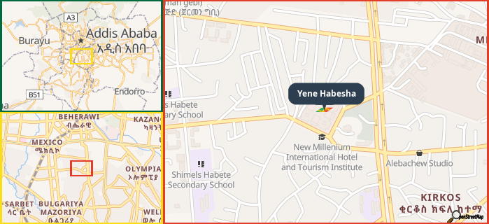 Map showing the address of Yene Habesha in three different zoom levels.
