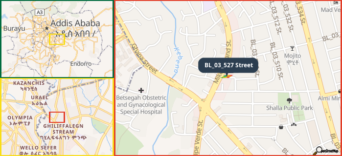 Map showing the address of BL_03_527 Street in three different zoom levels.