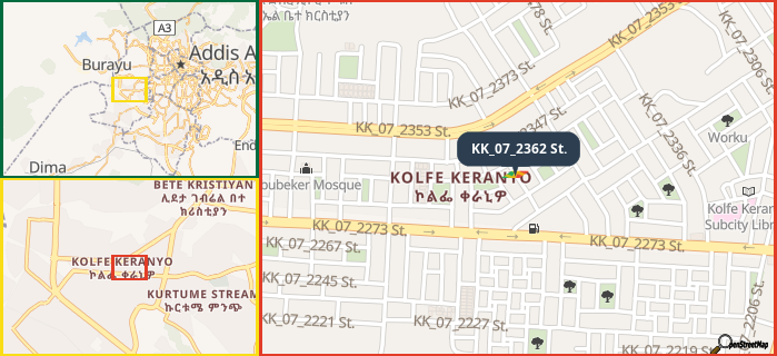 Map showing the address of KK_07_2362 St. in three different zoom levels.